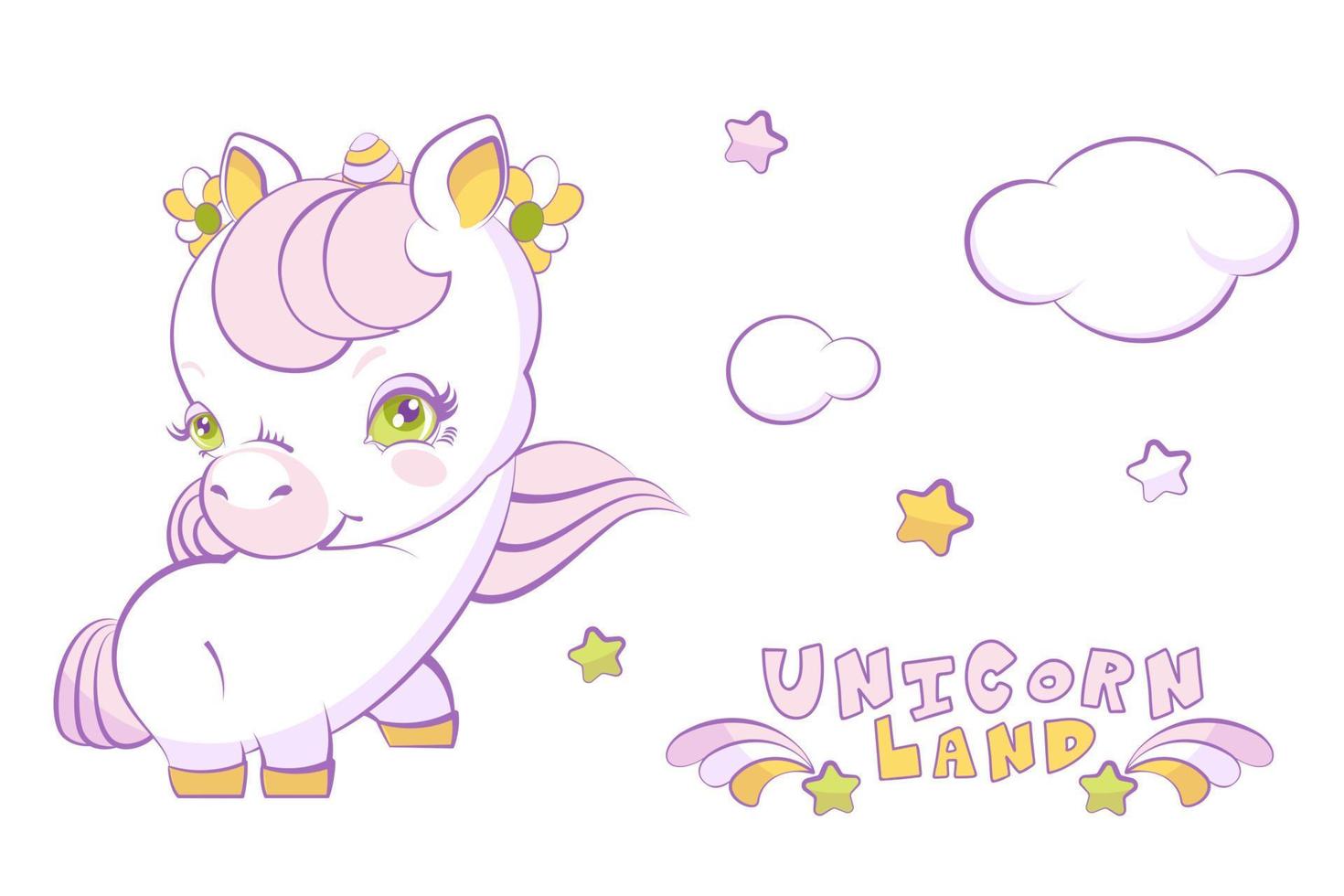 linda niña blanca unicornio con cabello rosado y estrellas vector