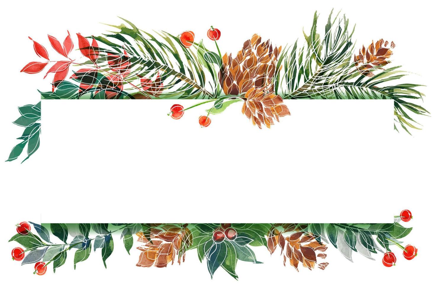 Christmas watercolor pine and holly and winter plants card vector