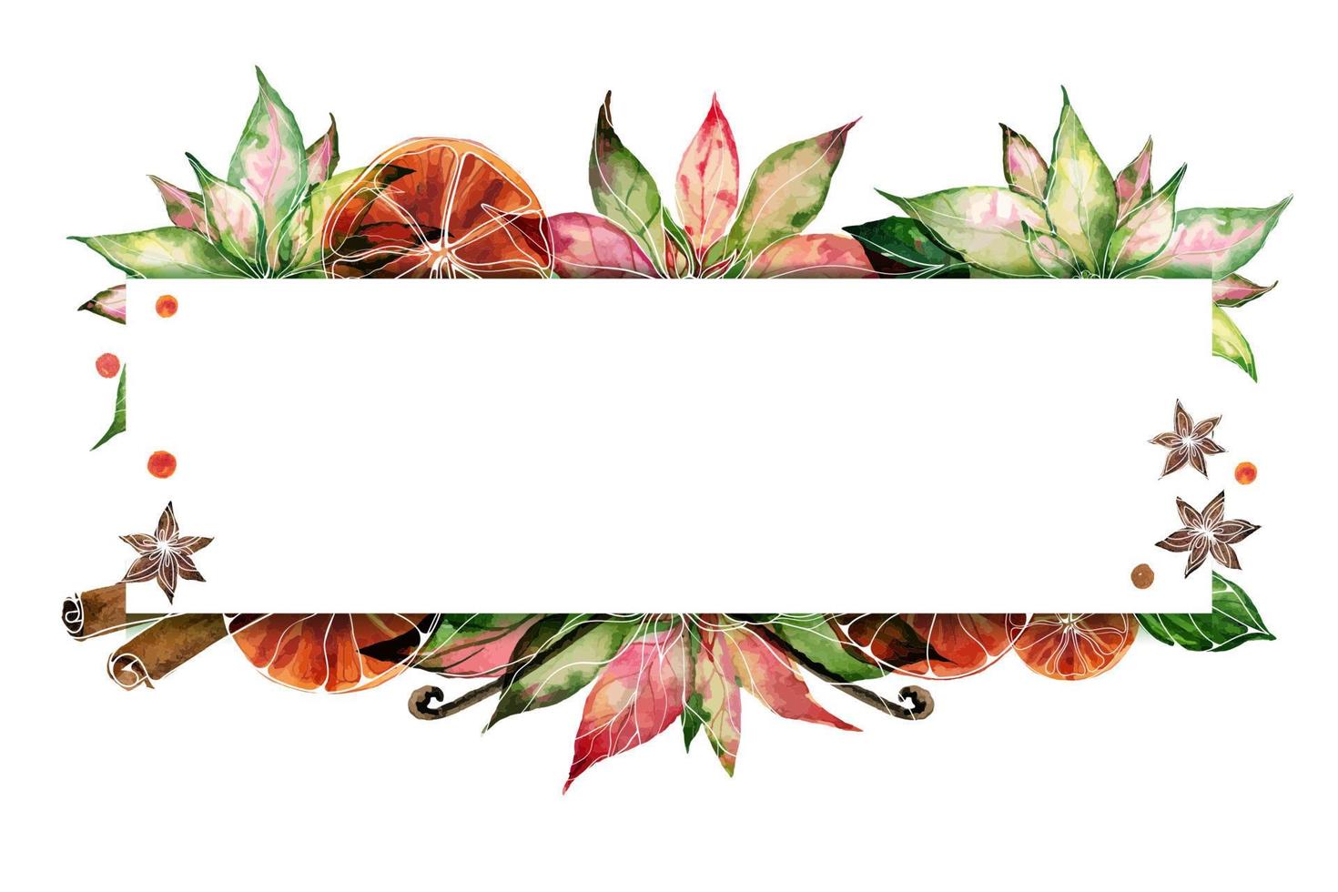 Christmas text space frame with watercolor poinsettia and oranges vector