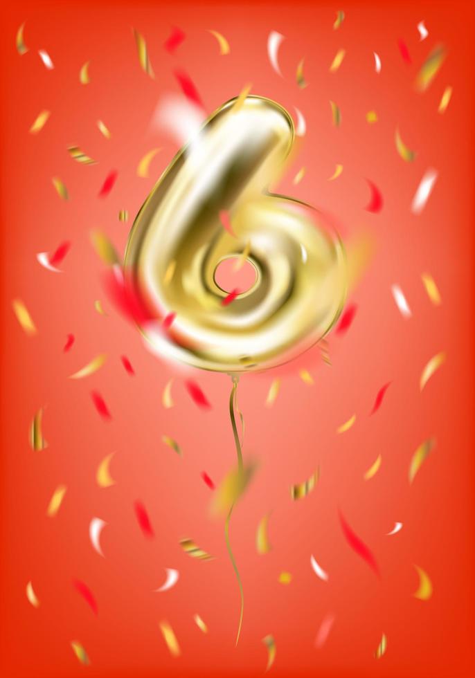 Festive gold balloon six digit and foil confetti vector