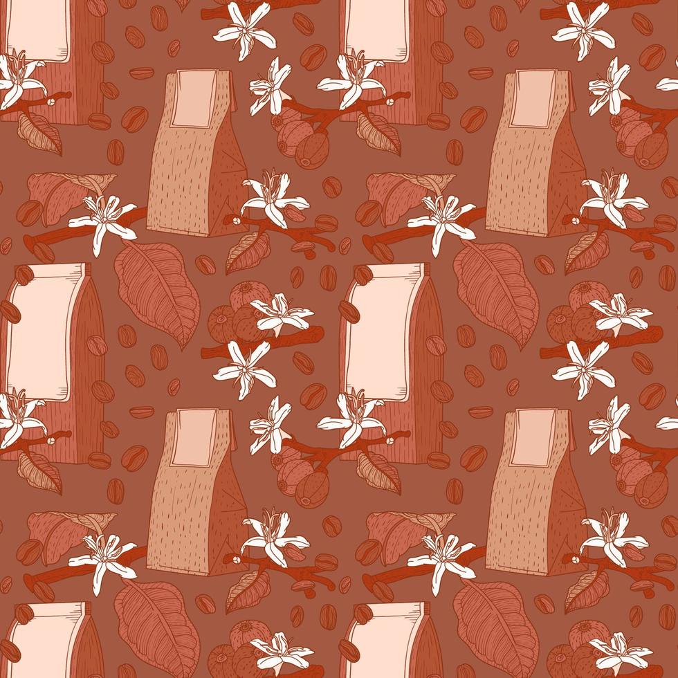 Brown seamless pattern with coffe flowers, bean and packs vector