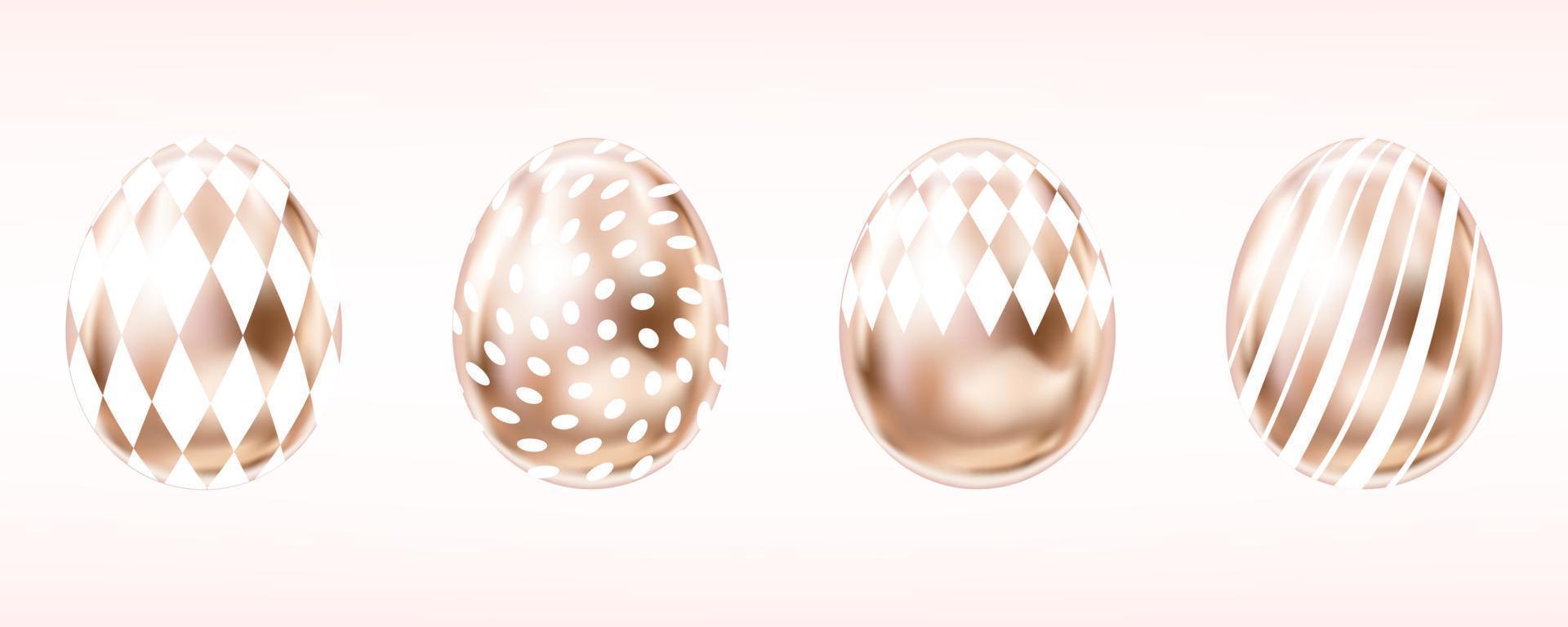 Four glance metallic eggs in pink color with white dots, rumb and stripes. Isolated objects for Easter vector