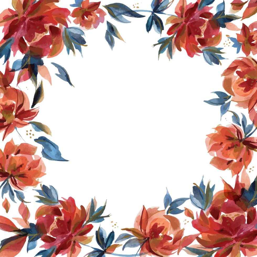 Watercolor square frame of traditional folk rose flowers and branches vector