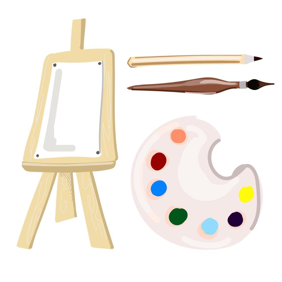 Painting set easel, pencil, brush and paints. Cartoon style. vector