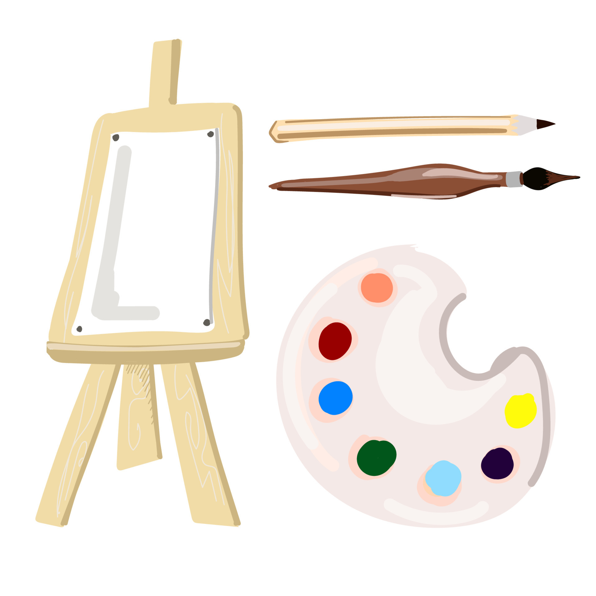 Painting set easel, pencil, brush and paints. Cartoon style. 12698153