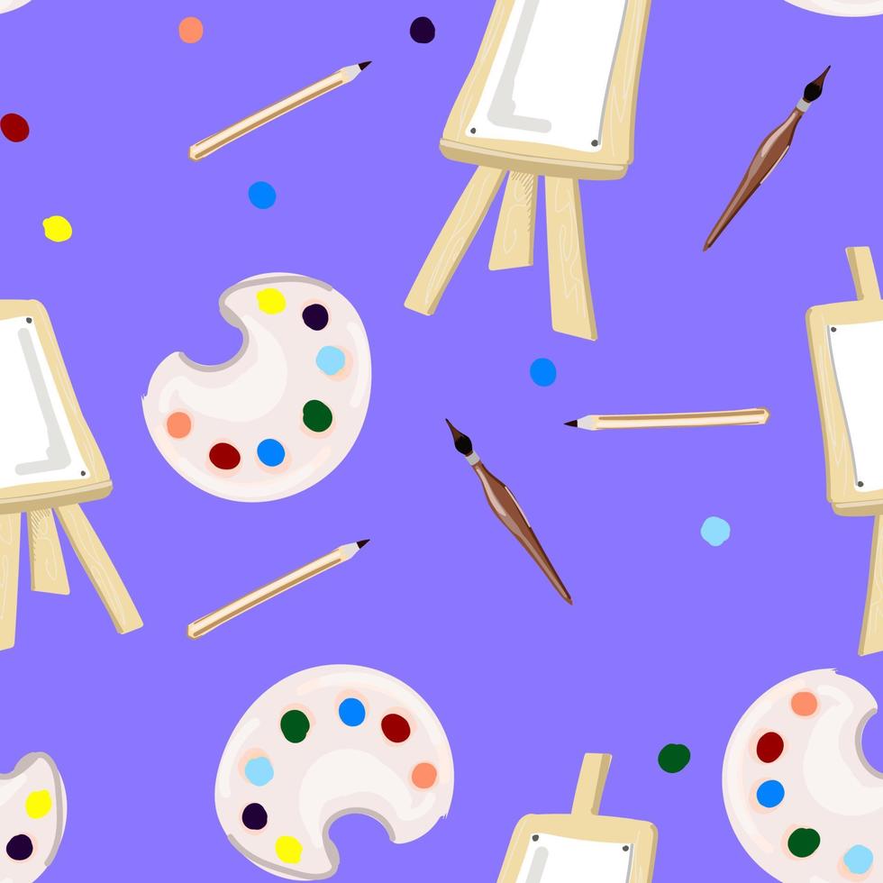 Easel, pencil, brush and paints seamless pattern. Cartoon style.Template for design backgrounds, textile, wrapping paper, package vector