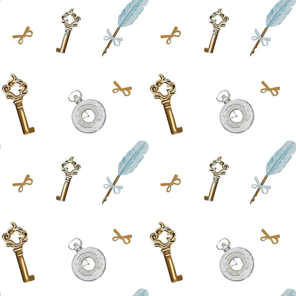 Old keys, pen for writing and pocket watch seamless pattern. Template for design backgrounds, textile, wrapping paper, package vector