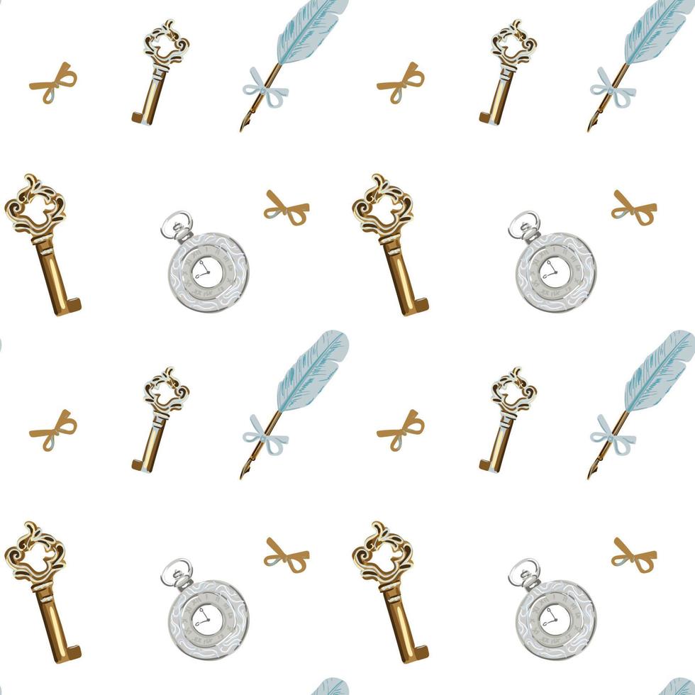 Old keys, pen for writing and pocket watch seamless pattern. Template for design backgrounds, textile, wrapping paper, package vector