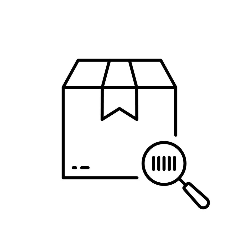 Barcode on Parcel Box with Magnifier Scanner Line Icon. Search Product Bar Code on Cardboard Package Linear Pictogram. Find Tracking Number Outline Icon. Editable Stroke. Isolated Vector Illustration.