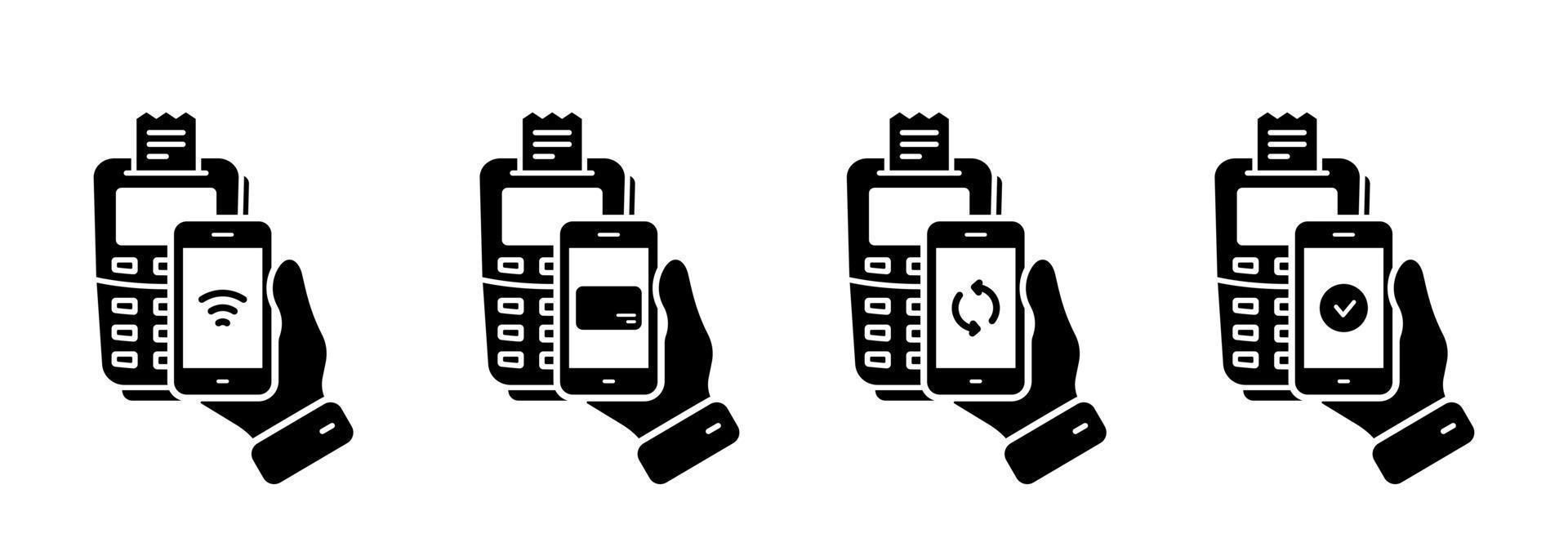 Process of Payment on Terminal by Mobile Phone Silhouette Icon Set. POS and Smartphone Bank Processing Pictogram. Check Cashless Payment Transaction NFC Technology Icon. Isolated Vector Illustration.