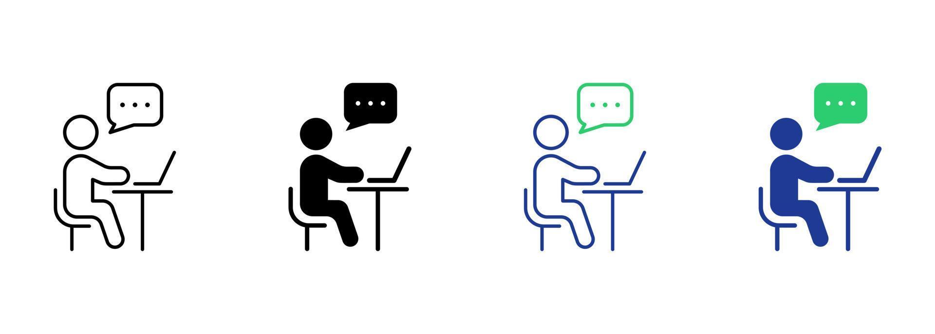 Person Sit and Use Computer Silhouette and Line Icon. Online Training Video Conference Chat on Laptop Pictogram. Virtual Webinar Meeting Discussion Icon. Editable Stroke. Isolated Vector Illustration.