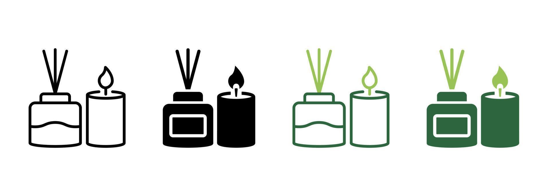 Scented Candle and Reed Diffuser Oil Silhouette and Line Icon. Aromatherapy Pictogram. Aroma Therapy Stick and Fragrance Candle in Glass Icon. Editable Stroke. Isolated Vector Illustration.