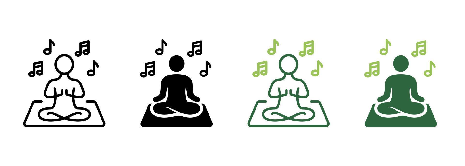 concentración de yoga con silueta de música escuchada e icono de línea. hombre de armonía relajarse en posición de loto meditar pictograma. meditación y escuchar el icono de la música. trazo editable. ilustración vectorial vector