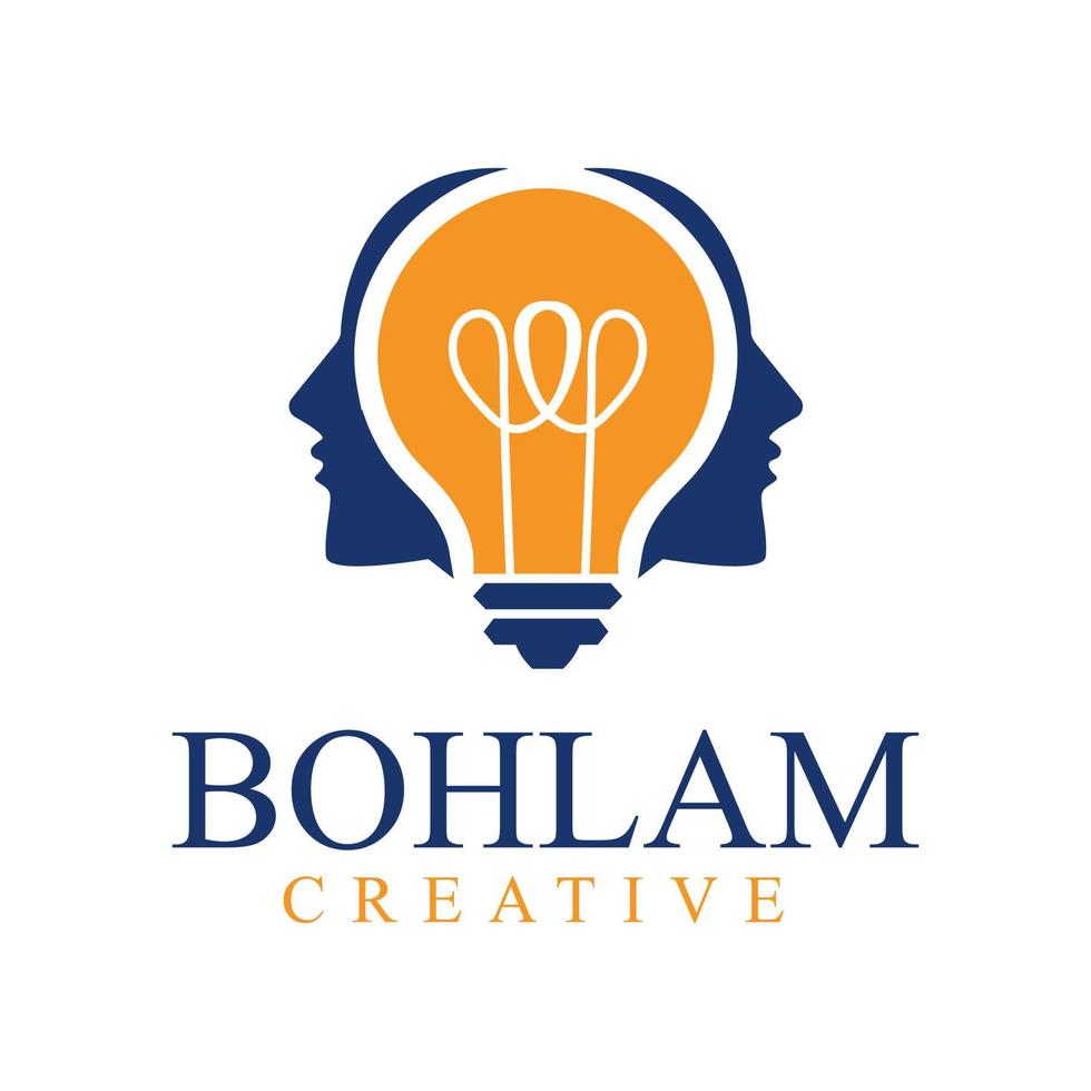 Two men face with light bulb at the center logo identity. Human creativity company logotype icon template concept. design graphic vector illustration