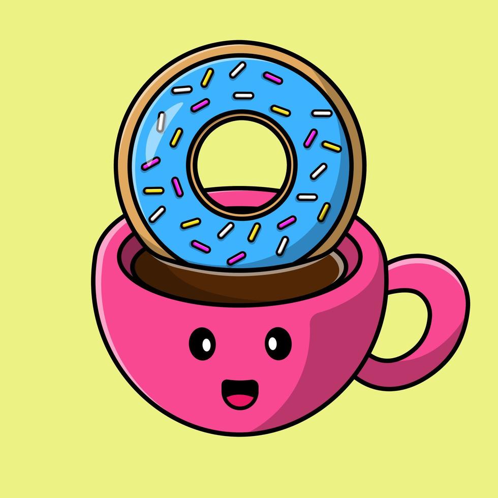 lindo café caliente con ilustración de iconos de vector de dibujos animados de donut. concepto de caricatura plana. adecuado para cualquier proyecto creativo.