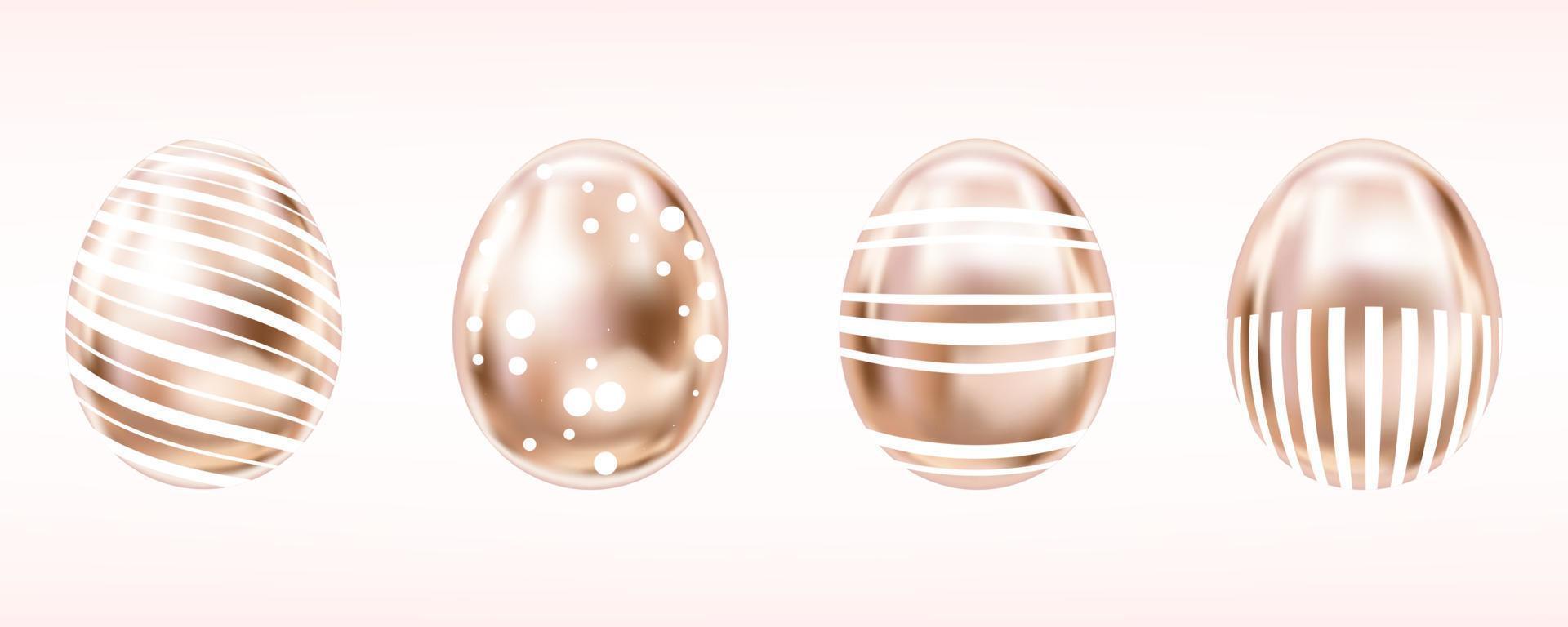 Four glance metallic eggs in pink color with white dots and stripes. Isolated objects for Easter vector
