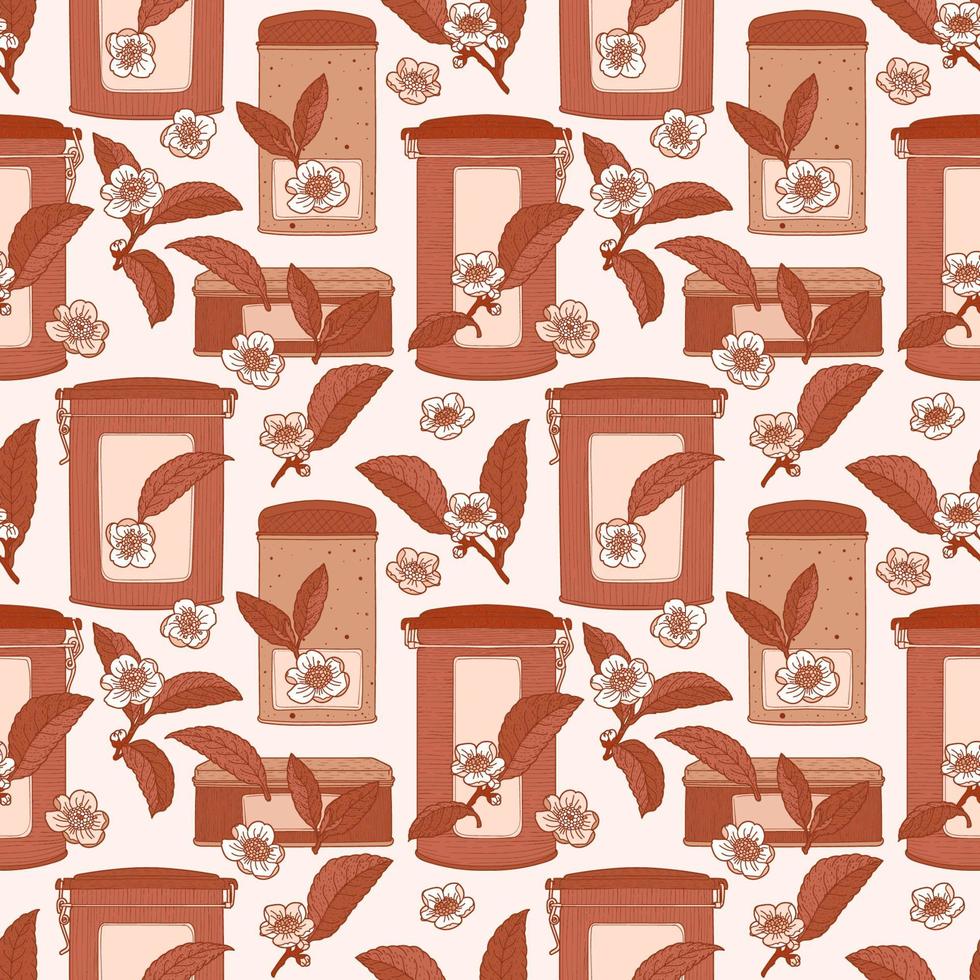 Tea seamless pattern with boxes, leaves and flowers vector