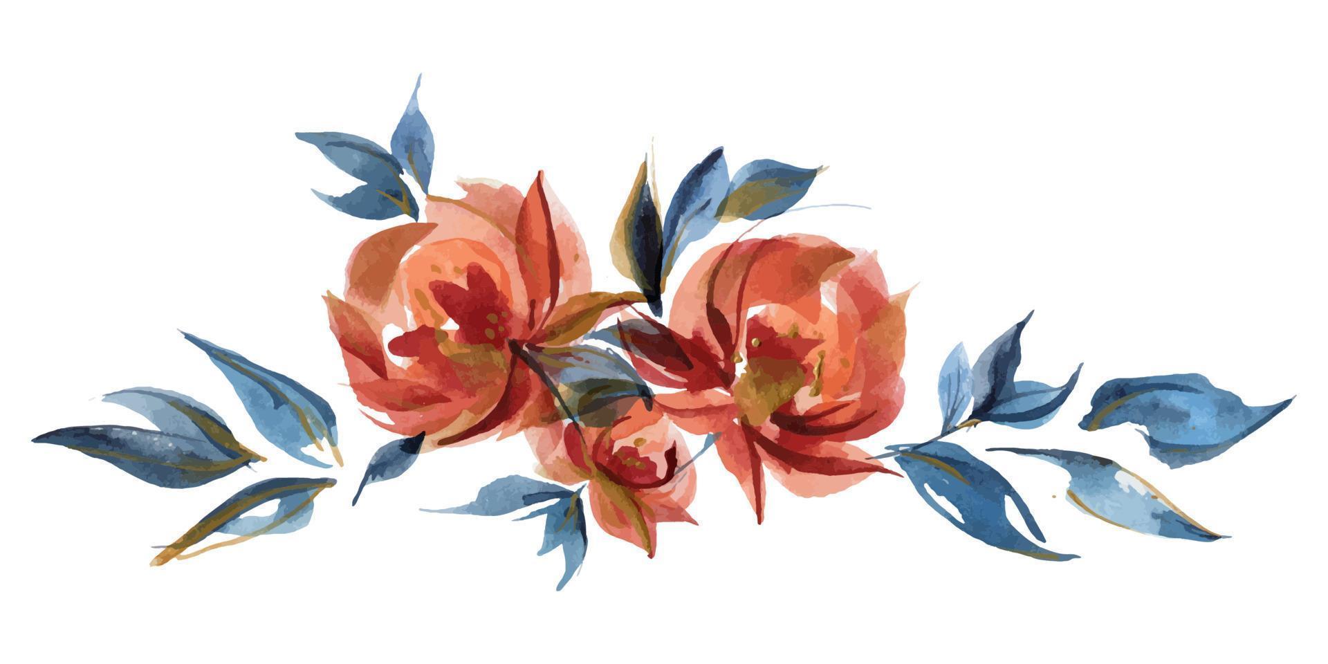 viñeta de guirnalda floral de rosas azules y naranjas en tendencia folk cottege vector