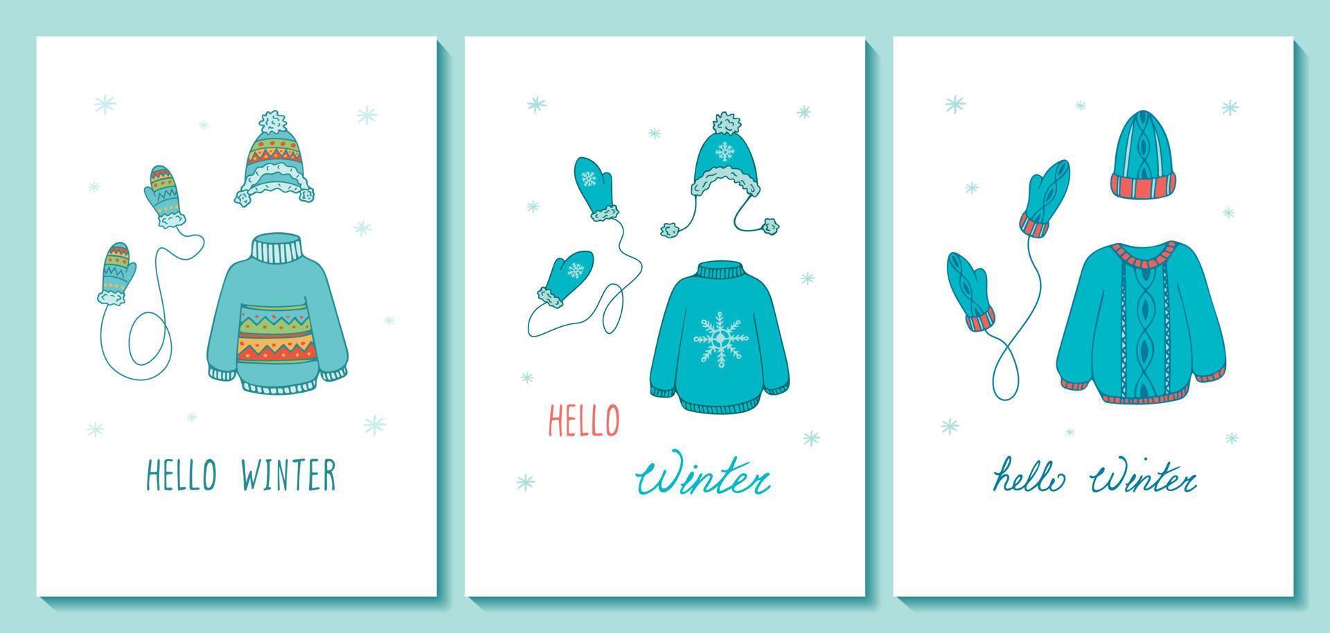 conjunto de plantilla de tarjeta de felicitación de invierno e invitación. Hola invierno. ilustración dibujada a mano vectorial de ropa de punto: suéter, sombrero y guantes. vector
