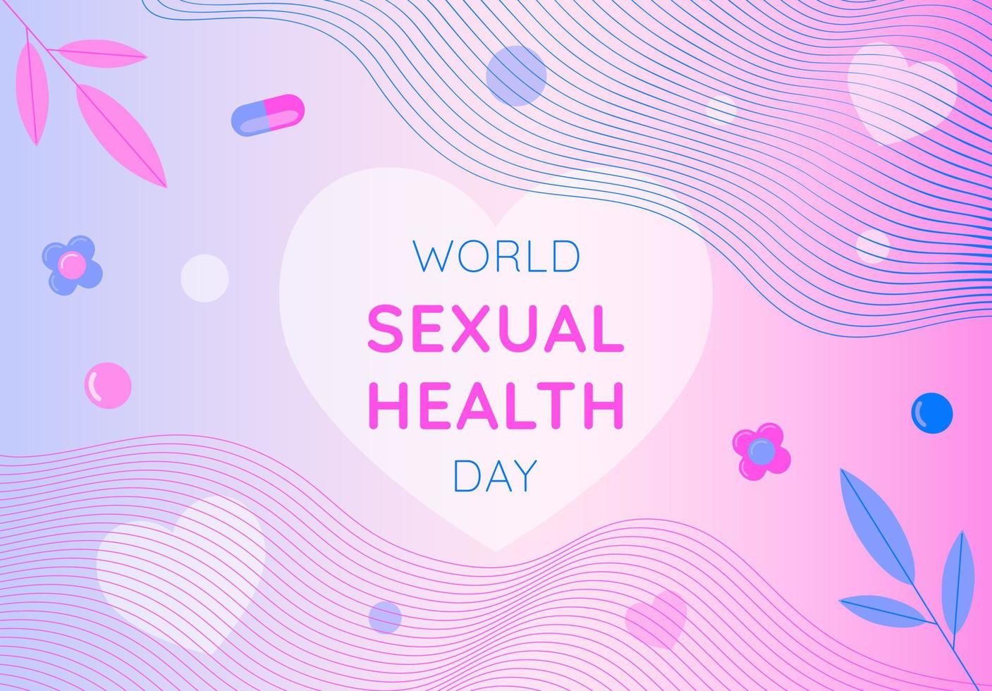 World Sexual Health Day concept background. Vector illustration with contraceptives, hearts and leaves on abstract light background.