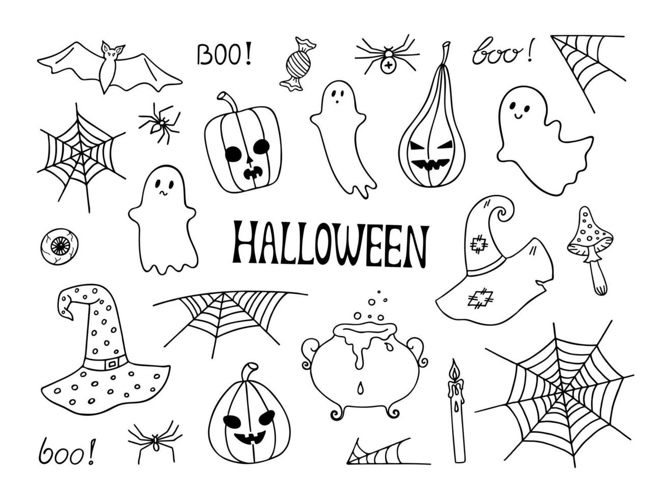 feliz halloween gráfico y conjunto de letras. elemento de garabato vectorial dibujado a mano para la fiesta de halloween. vector