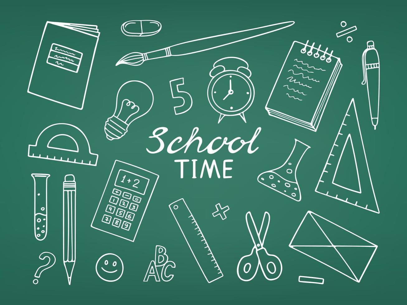 School supplies with lettering School Time hand-drawn on school board. Vector doodle illustration of education theme.