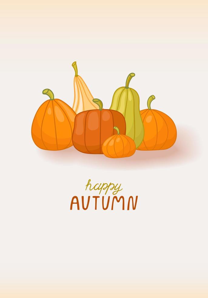 Vector autumn card with pumpkins and inscription. Template for design, print and greeting card.