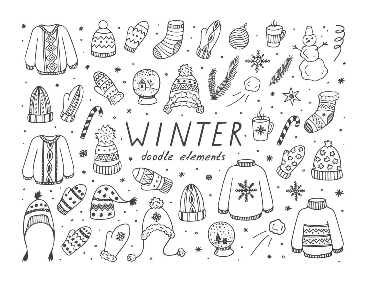 Winter doodle clothes and elements on white background. vector