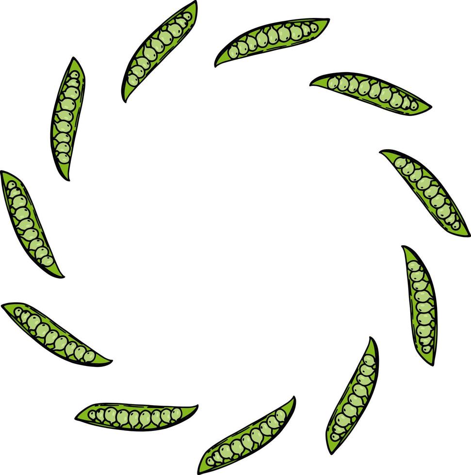 Round frame with green peas on white background. Vector image.