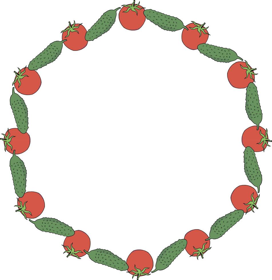 Round frame with positive tomato and cucumber on white background. Vector image.