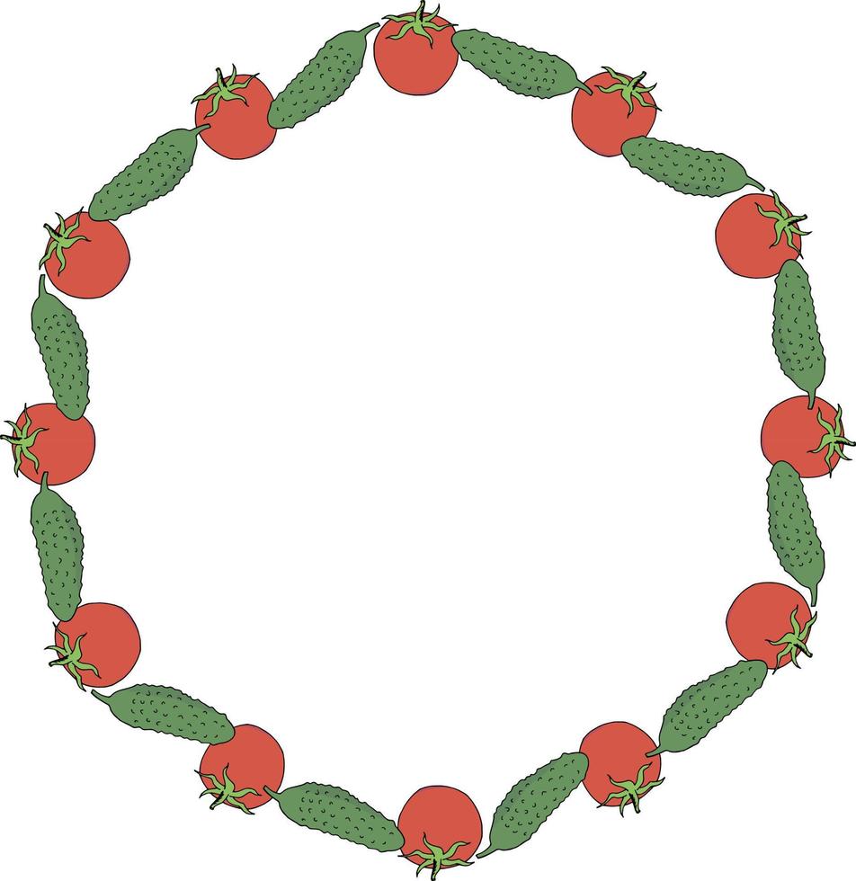 Round frame with positive tomato and cucumber on white background. Vector image.