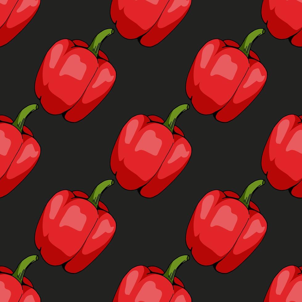 Seamless pattern with big red peppers on black background. Vector image.
