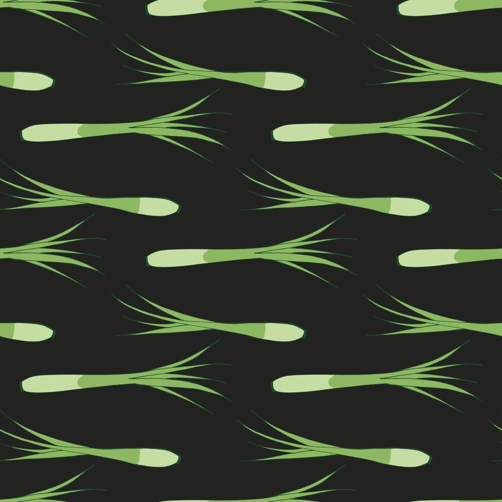Seamless pattern with awesome green onion on black background. Vector image.