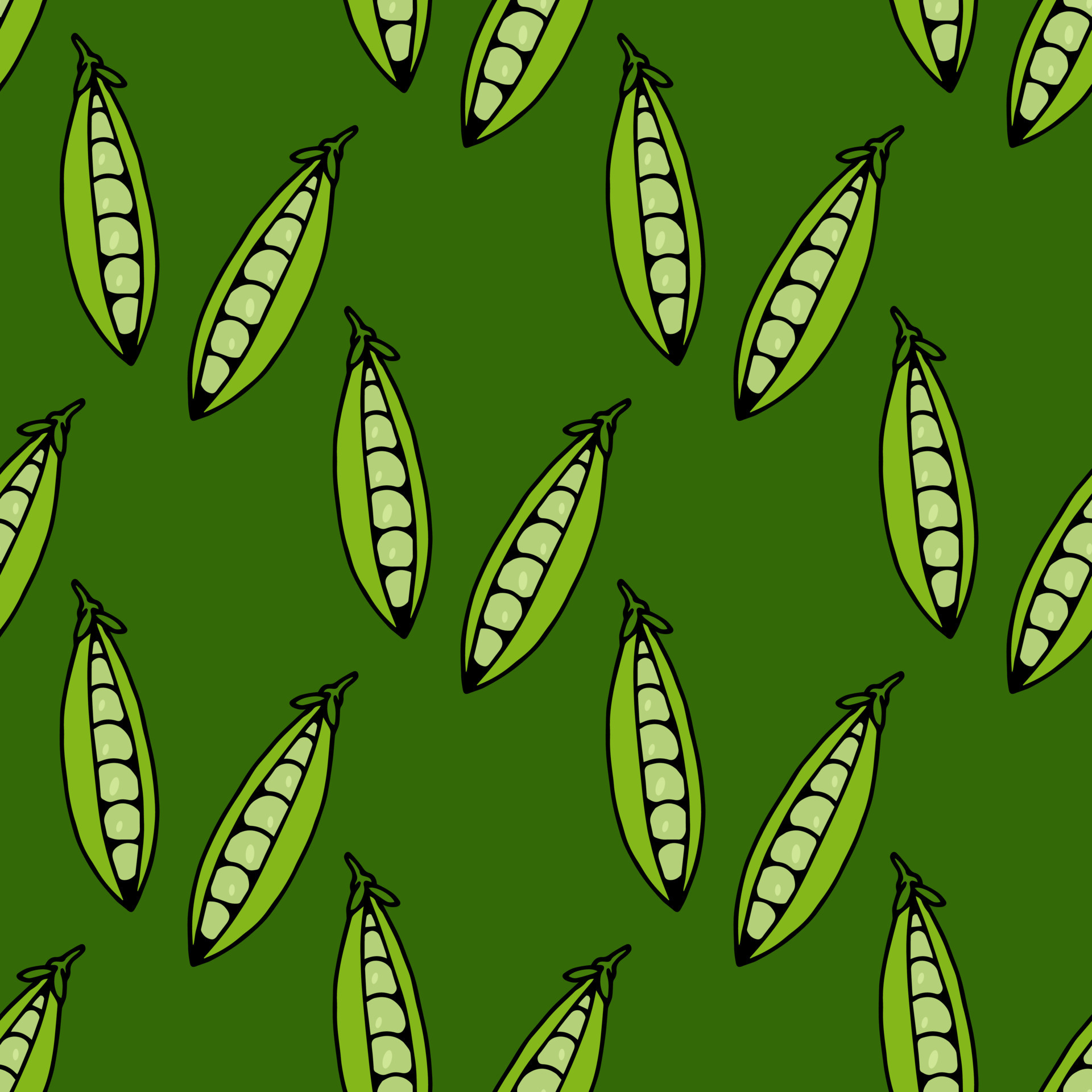 Seamless pattern with green peas on green background. Vector image
