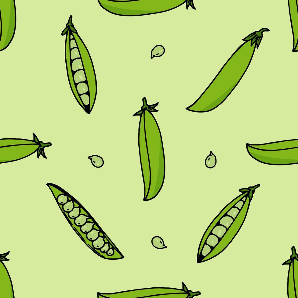 Seamless pattern with green peas on light green background. Vector image.