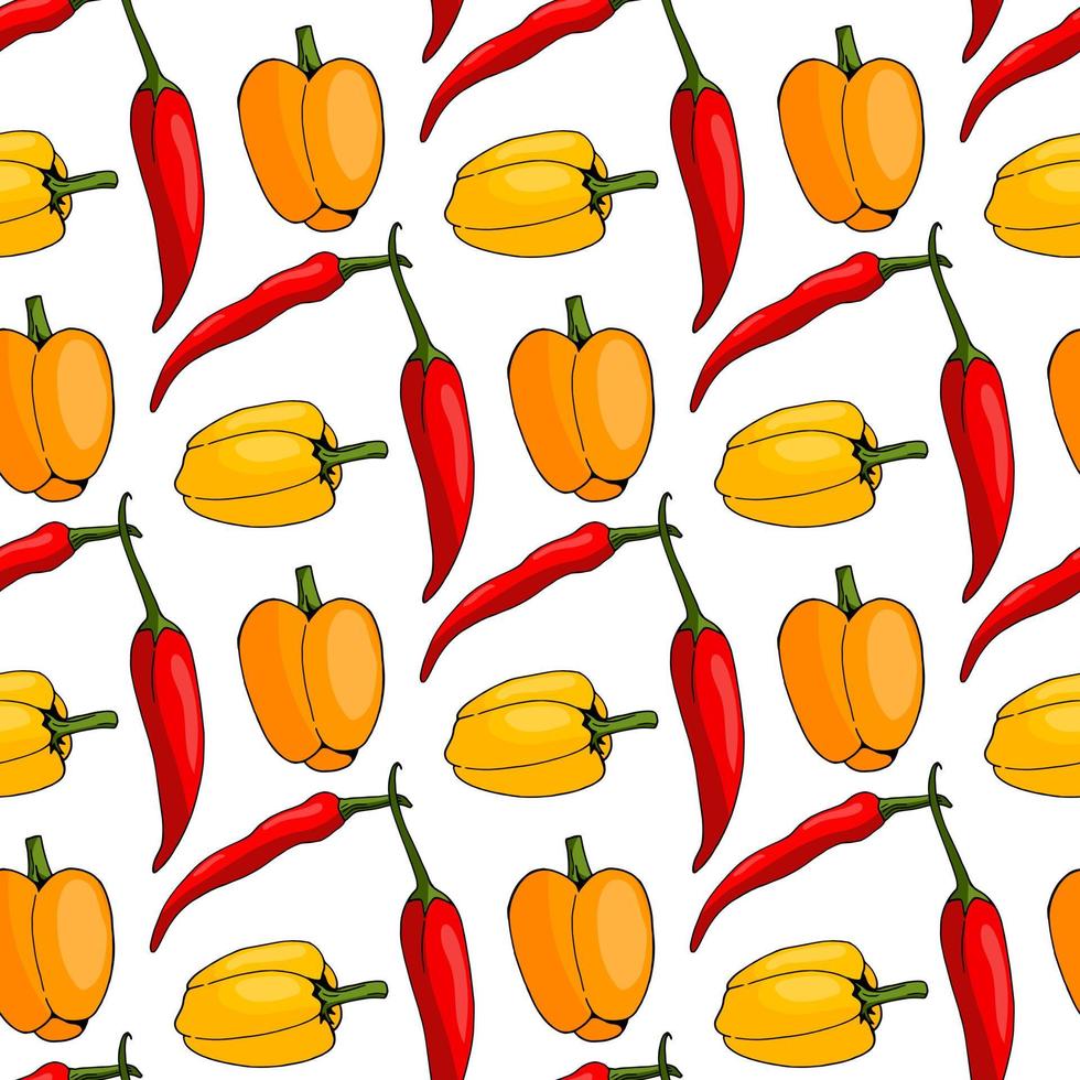 patrón impecable con pimientos amarillos, naranjas y rojos positivos sobre fondo blanco. imagen vectorial vector