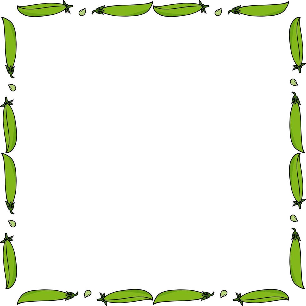 Square frame with cute green peas on white background. Vector image.