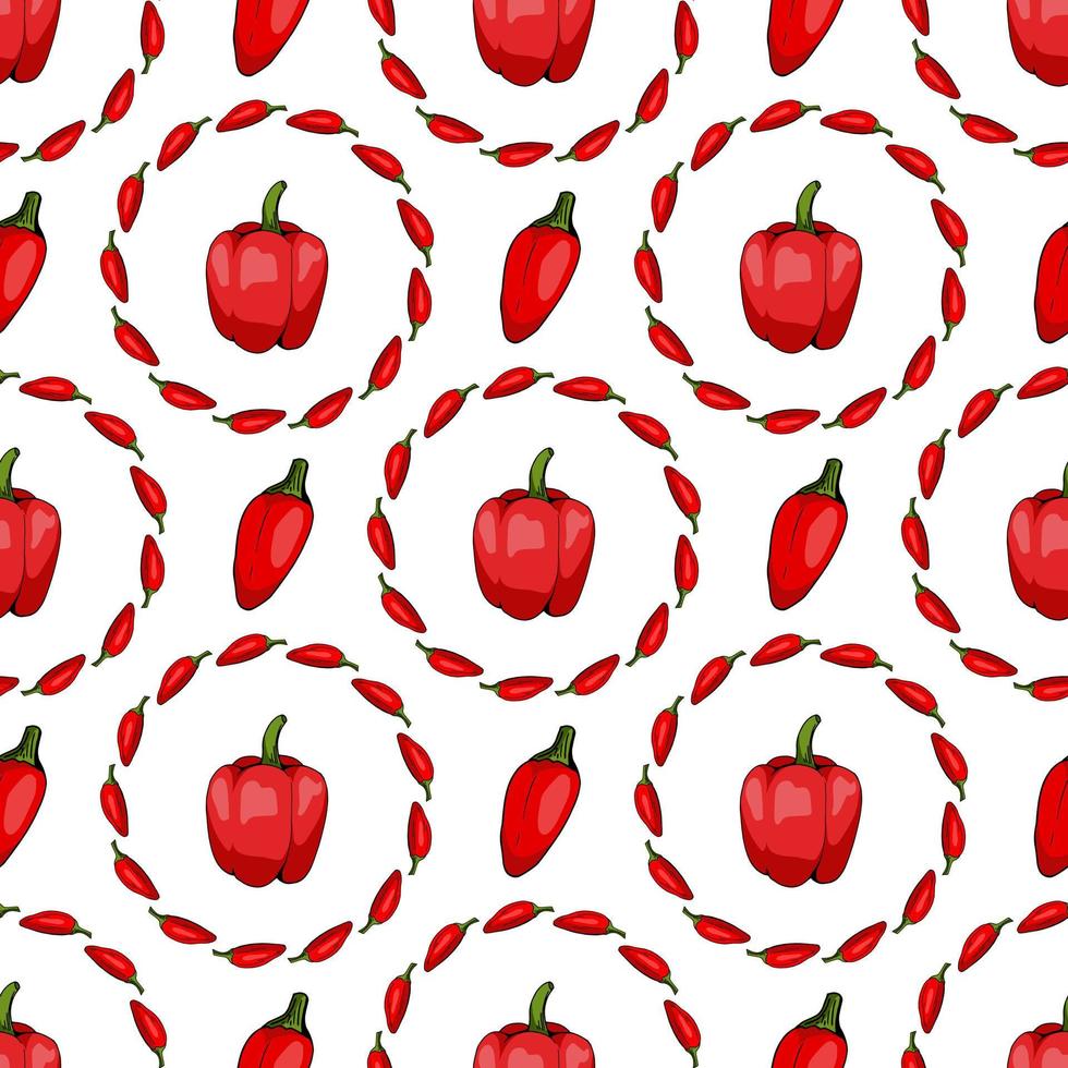 Seamless pattern with hand drawn red peppers on white background. Vector image.