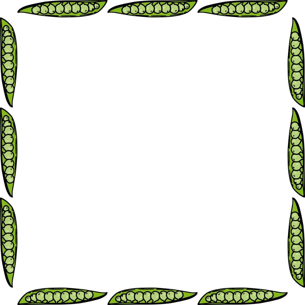 Square frame with green peas on white background. Vector image.