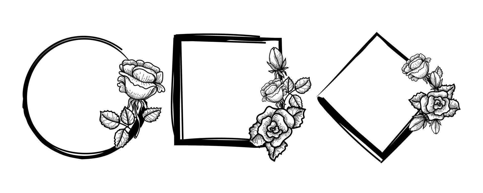 rosa dibujada a mano en estilo garabato. conjunto de marcos con rosas. flores símbolo. día de San Valentín. imagen vectorial de rosas sobre fondo blanco vector