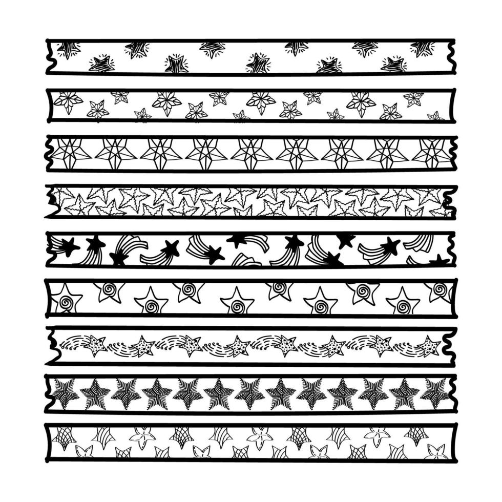 A large set of scotch tape strips with different patterns, hand-drawn in doodle style. Stars on white background in different designs. Scotch tape stickers. Vector illustration
