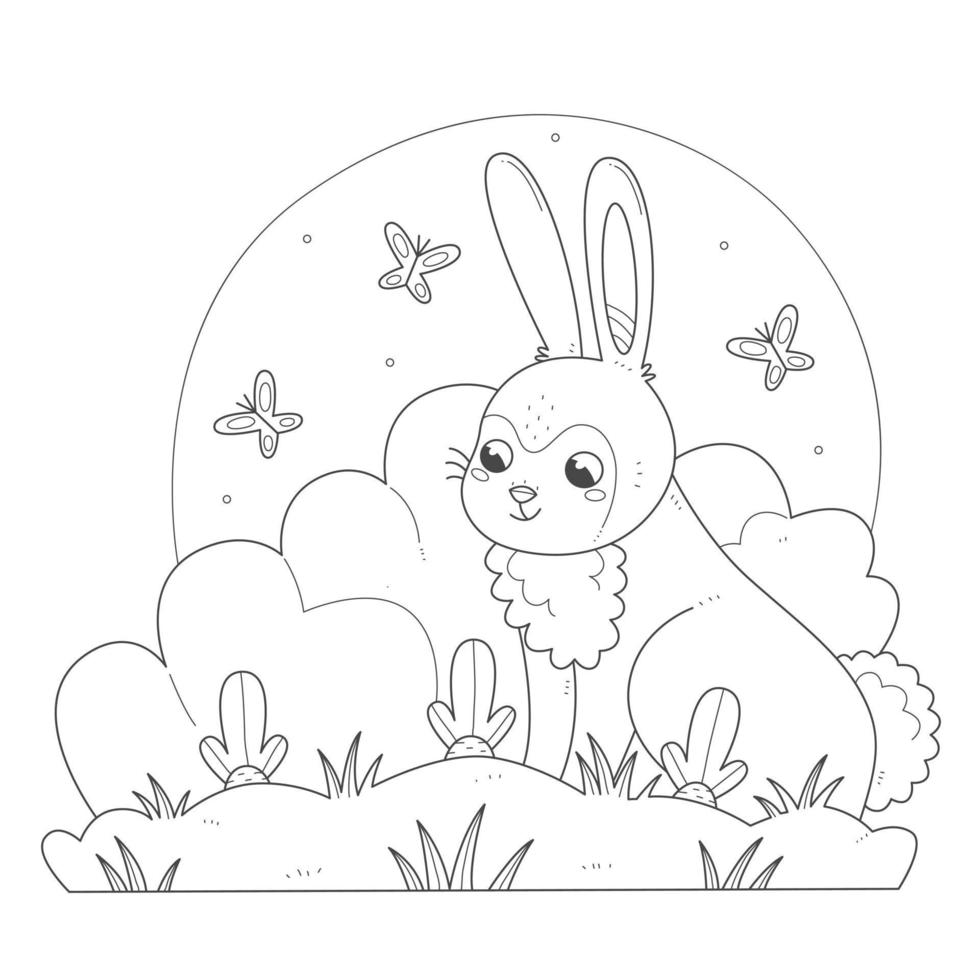 A rabbit sits next to a growing carrot coloring book. The bunny character grows crops coloring page. Vector spring or summer illustration.