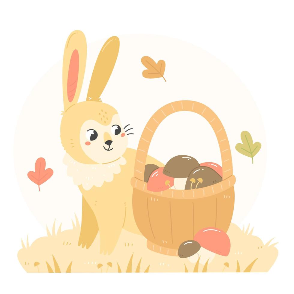 Rabbit with a basket of mushrooms in a flat cartoon style. Mushroom picking. Vector autumn children's illustration with a bunny.