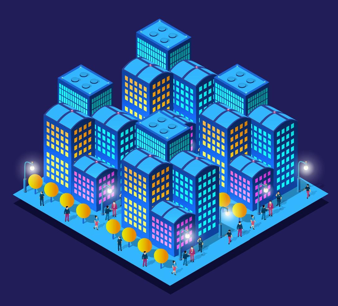 City future smart urban Isometric night lights architecture 3D illustration technology town street with a lot of building houses vector