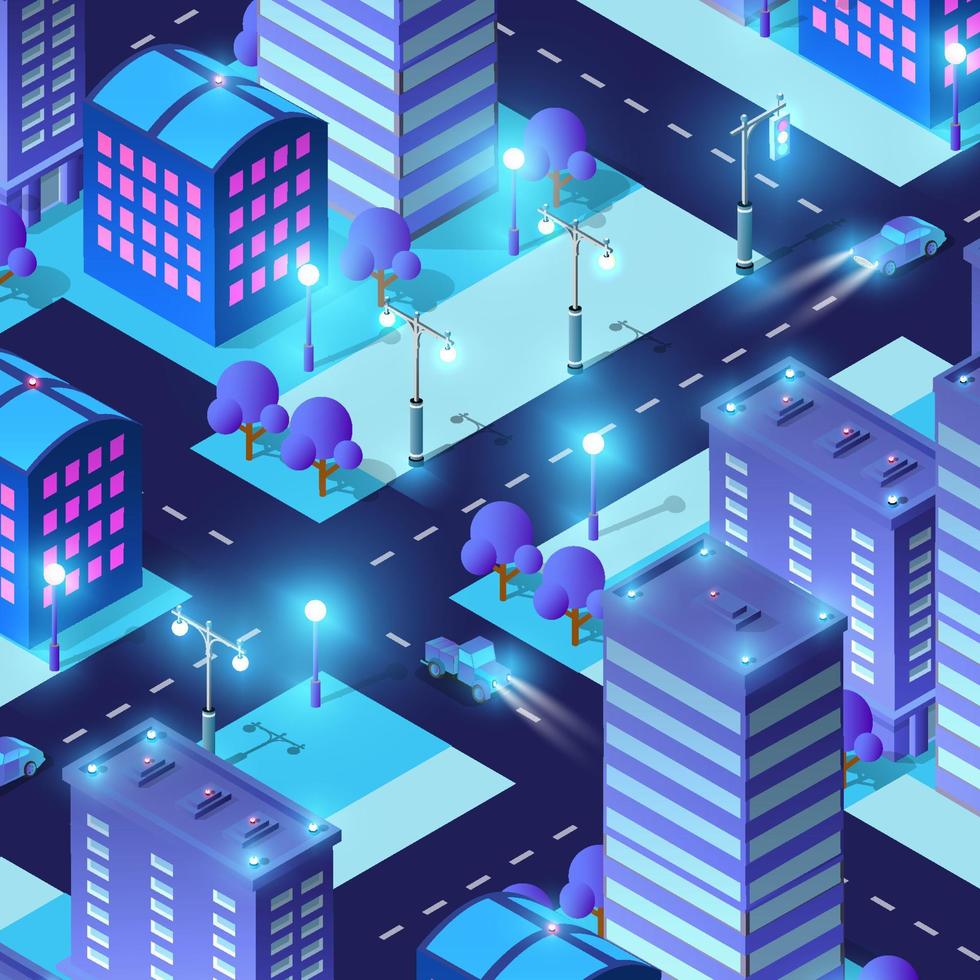 Night background isometric smart blue ultraviolet city at night with lights. 3D illustration. vector