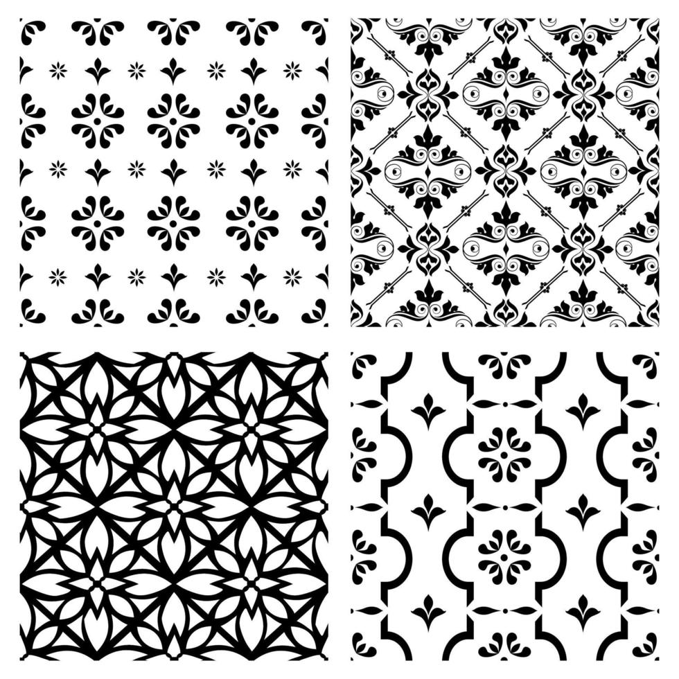 silueta de un conjunto de vector de archivo de corte de azulejo sin fisuras patrón blanco y negro geométrico y floral