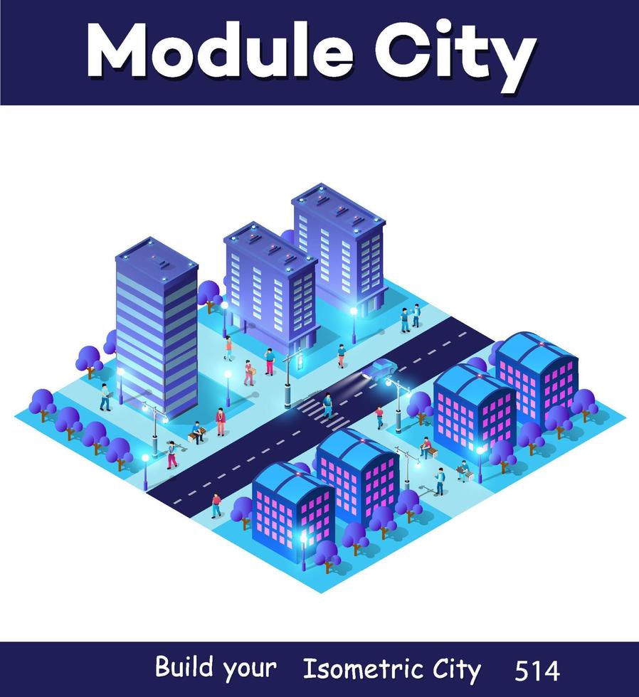 Night isometric smart blue ultraviolet block quarter city at night with lights. The town of the future is a futuristic 3D illustration. vector