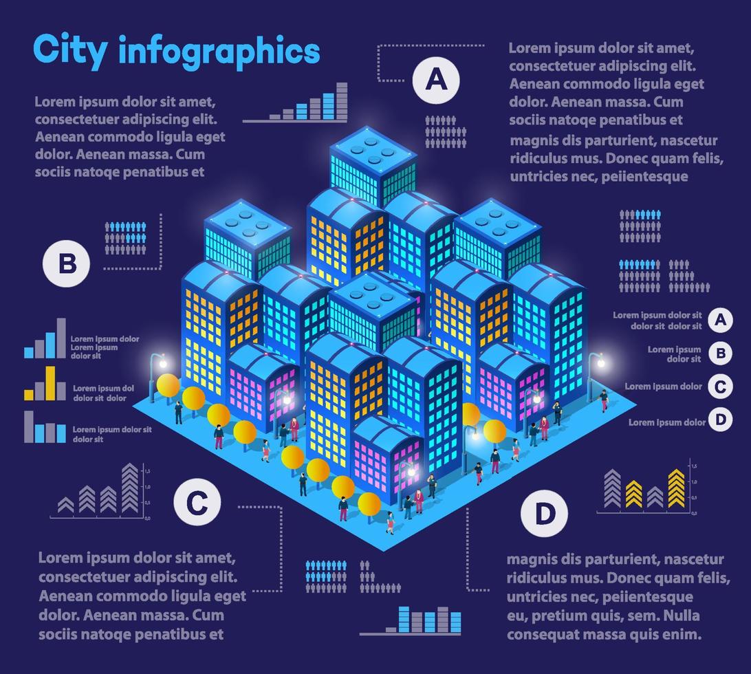 infografías de fábricas industriales isométricas de la ciudad hay diagramas, edificios, carreteras, plantas, transporte y obras en el área de la ciudad con gráficos conceptuales de negocios vector