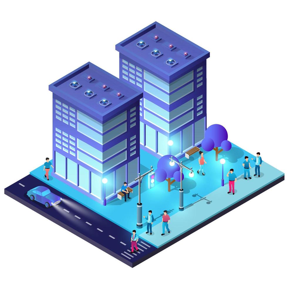 Night isometric smart blue ultraviolet block quarter city at night with lights. The town of the future is a futuristic 3D illustration. vector