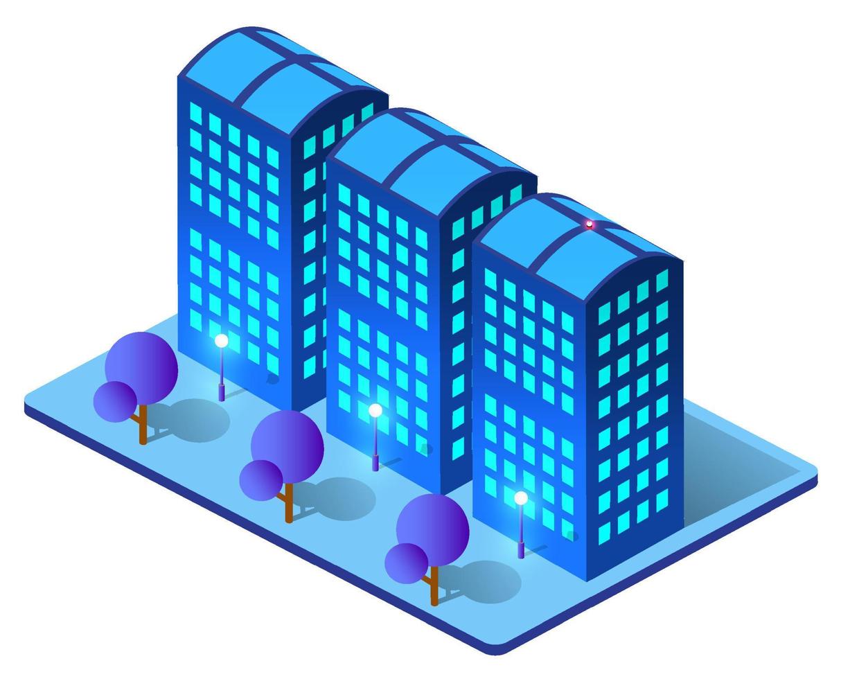 ciudad ultravioleta azul inteligente isométrica nocturna en la noche con luces. la ciudad del futuro es futurista con rascacielos, faroles, calles y casas. ilustración 3d vector